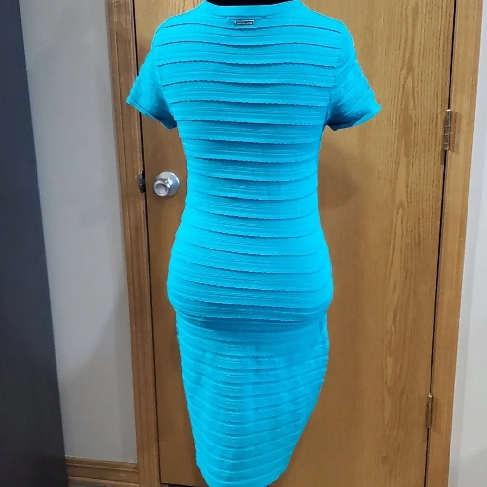 Michael kors turquoise stretch knit dress lace trim short sleeve